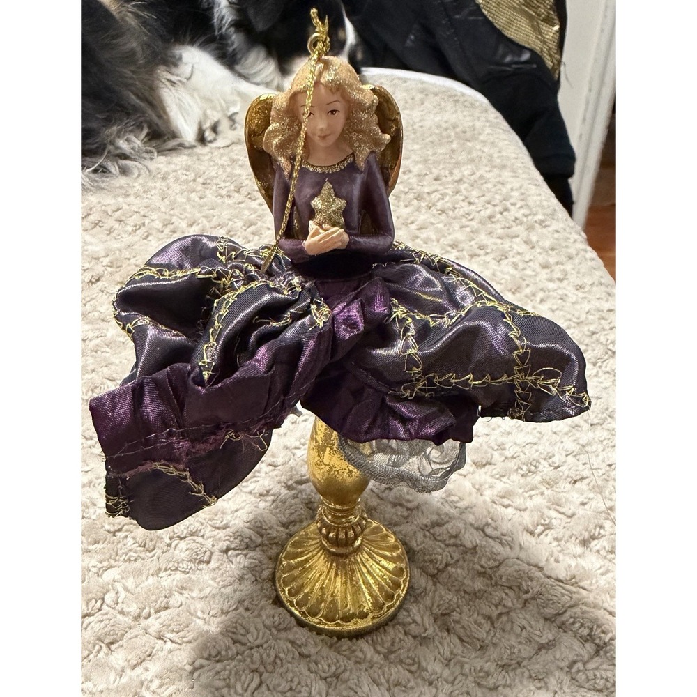Angel Christmas Ornament Purple Fabric‎ Dress Gold Stand & Star